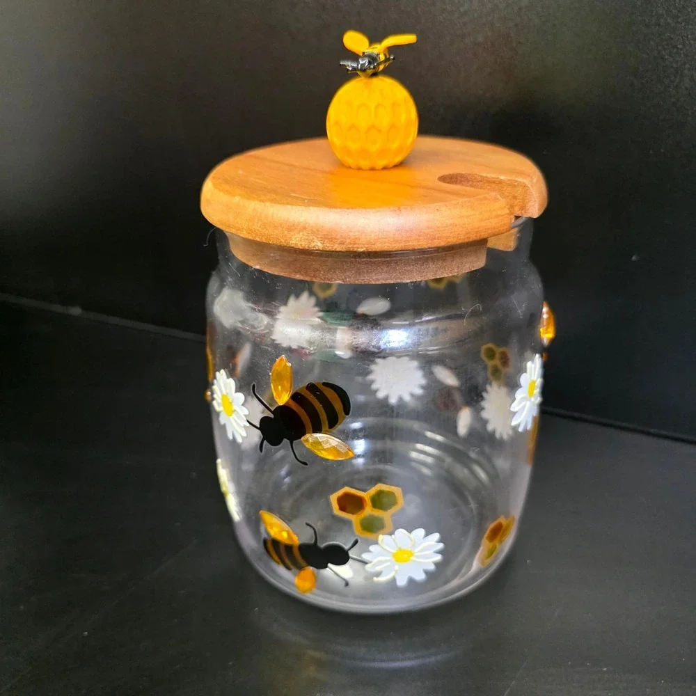 Honey Jar Small Clear Yellow Bee Daisy Glass Wood Lid Decor Cottagecore Honey